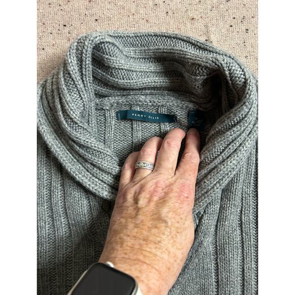 Vintage Perry Ellis Gray Wool Blend Cable Knit Sweater Large Cozy Academia - Picture 7 of 10